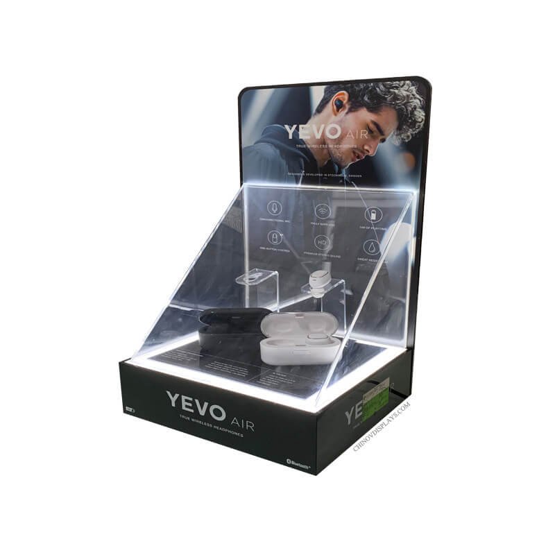 Custom Acrylic Display Case Box With Black Base Dust-free Countertop Sports Earphone Stand