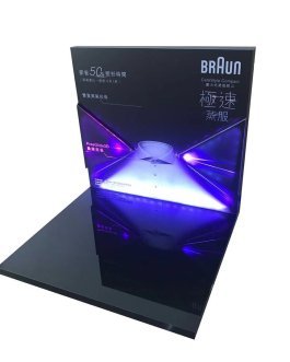 Sleek Black Acrylic Steam Iron Display Stand with Integrated LED Lighting