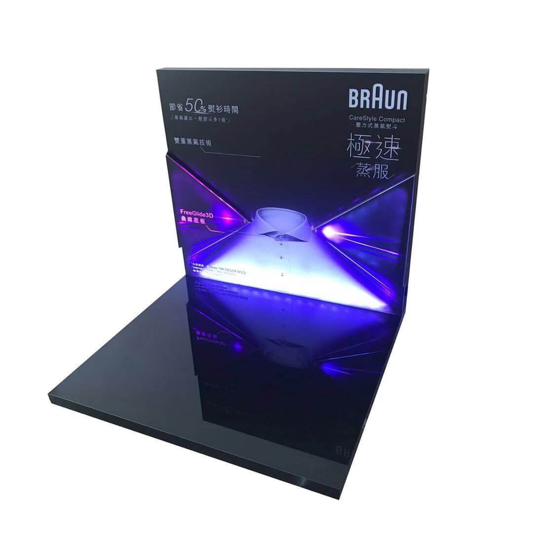 Sleek Black Acrylic Steam Iron Display Stand with Integrated LED Lighting